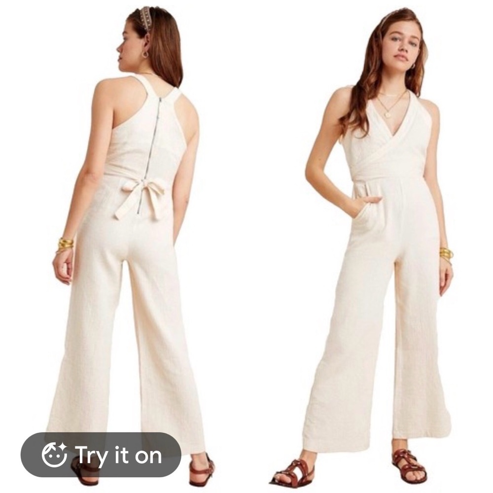 Anthropologie Cream Sleeveless V-Neck Wide-Leg textured cream Jumpsuit sz 4 used